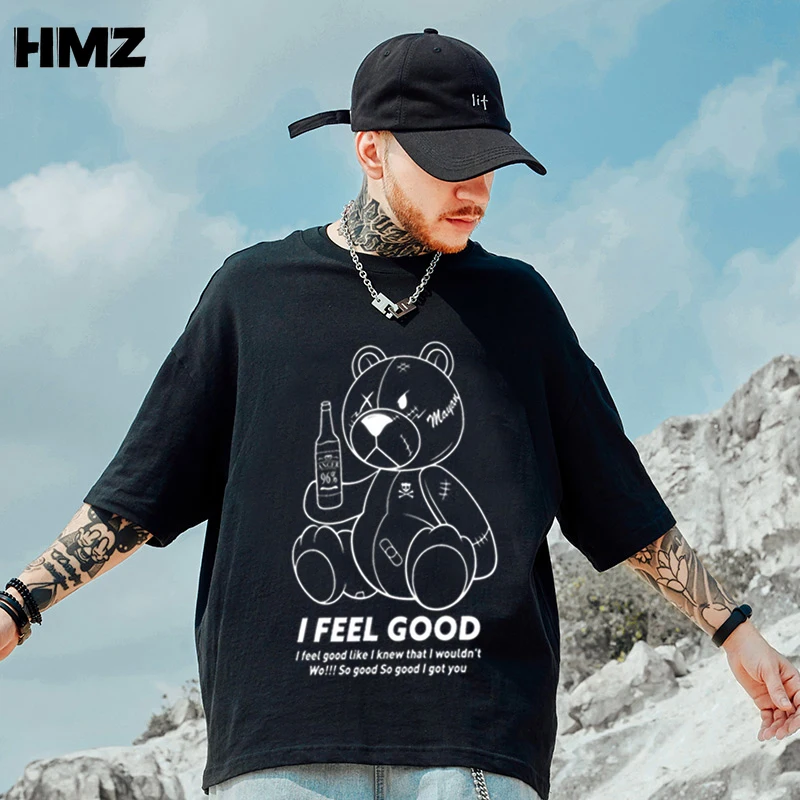 

HMZ 2021 New Hip Hop Men Bear T Shirt Fashion Simple Print Tshirt Summer Tees Mens Cotton Short Sleeve T-shirt For Men Funny Top