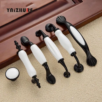 Black White Door Handles Country Style Ceramic Drawer Pulls Knob Kitchen Cabinet Handles and Knobs Furniture Handles