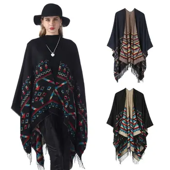 

Womens Ethnic Winter Pashmina Poncho Cape Colorful Geometric Rhombus Stripes Open Front Long Tassels Scarf Shawl Wraps