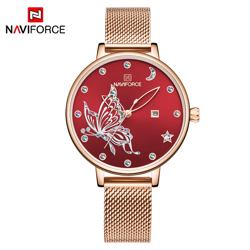 NAVIFORCE Top Brand Luxury Women Fashion Quartz Watch Ladies Business Watches Milan Steel strap Waterproof Clock Wristwatch - Цвет: RGR