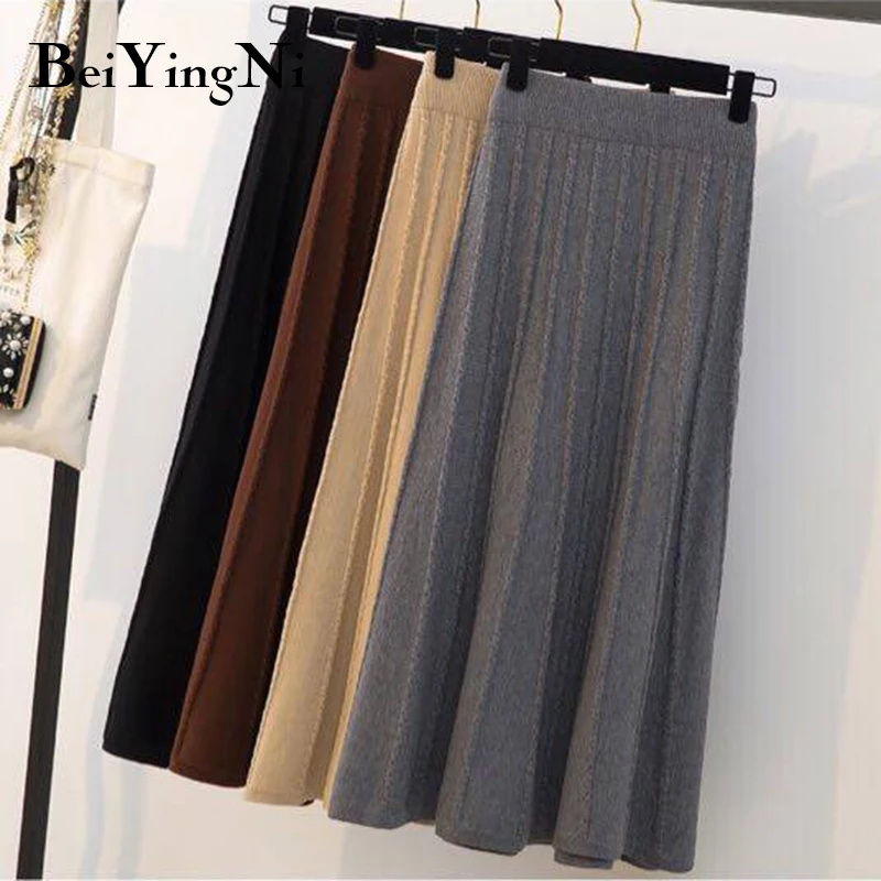 Beiyingni миди юбки женские трикотажные ретро досуг Высокая талия плиссированная юбка женские осенние черные Harajuku уличная юбка миди леди