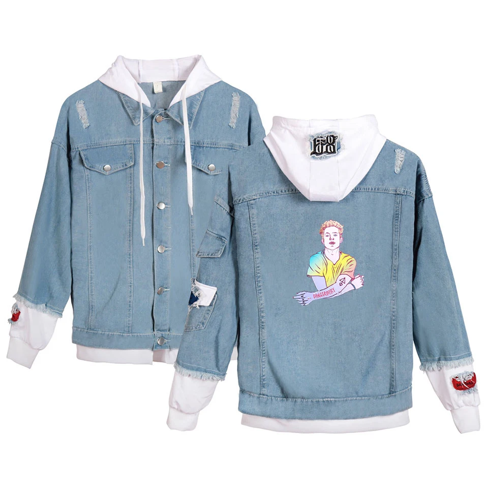 2019 Denim Jacket Light  Jeans Jacket Charlie Puth  printed Casual Ripped Denim Outwear  Slim Long Sleeve Jack Coat