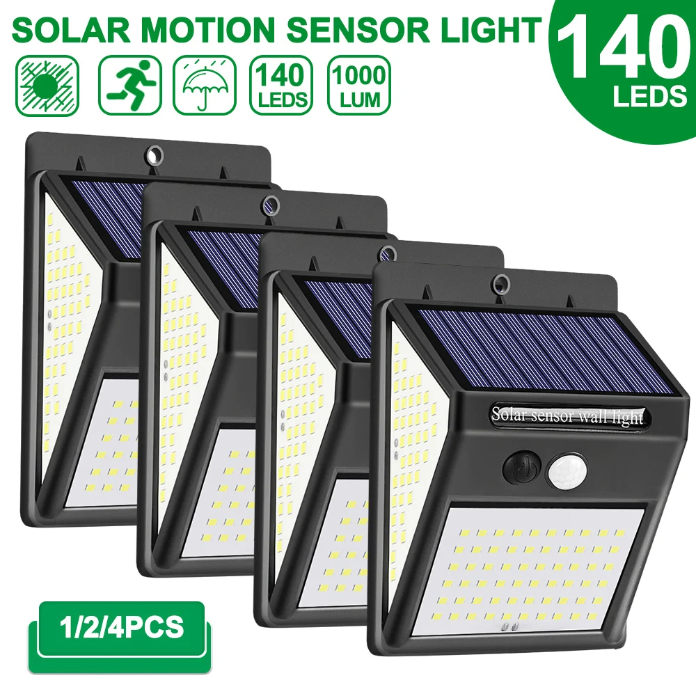 1/2/4 PCS 140 LED Solar Light Outdoor Solar Lamp PIR Motion Sensor Wall Light Waterproof Solar Powered Sunlight for Garden Decor