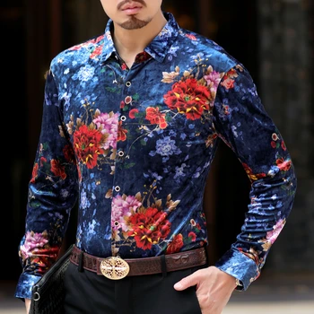 

Casual Chemise Homme Mens Shirts Slim Fit Mannen Kleding Floral Velvet Shirt Men 2019 Autumn Long Sleeve Business Camicia Uomo