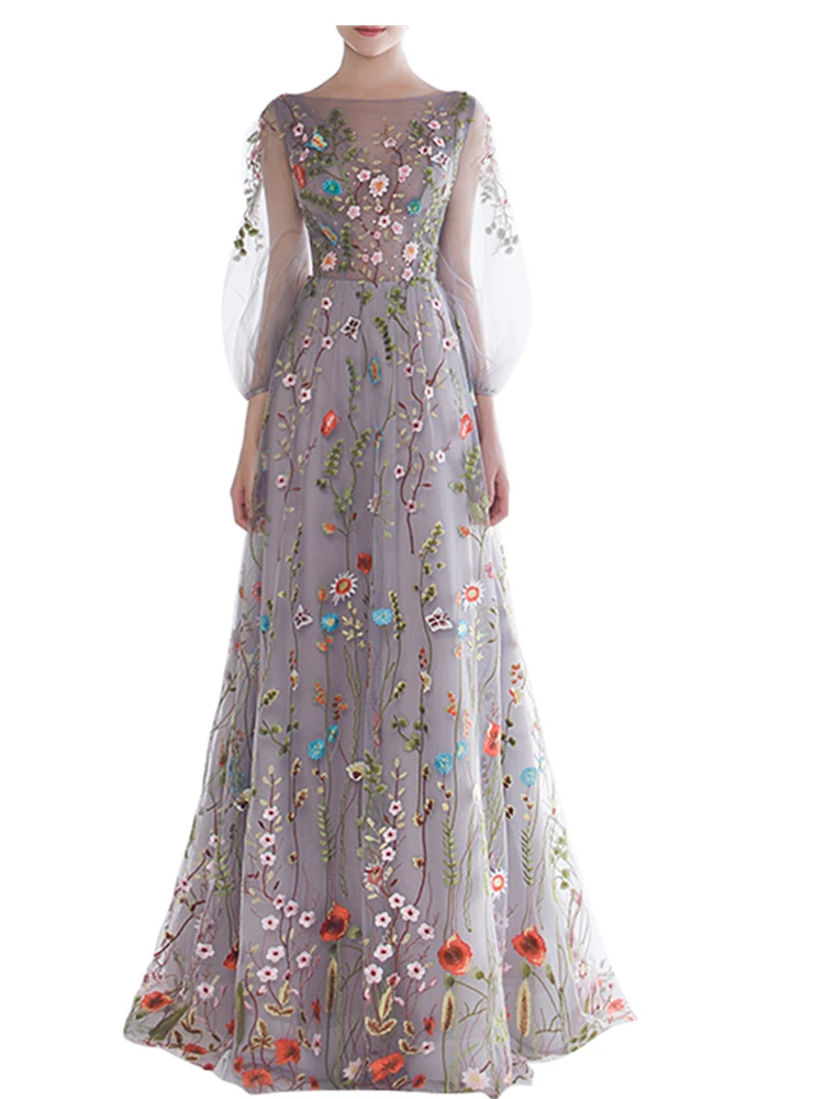 Цветочные Вечерние платья с вышивкой, прозрачные длинные серебристые Серые Вечерние платья с пышными рукавами, платье на выпускной, на заказ