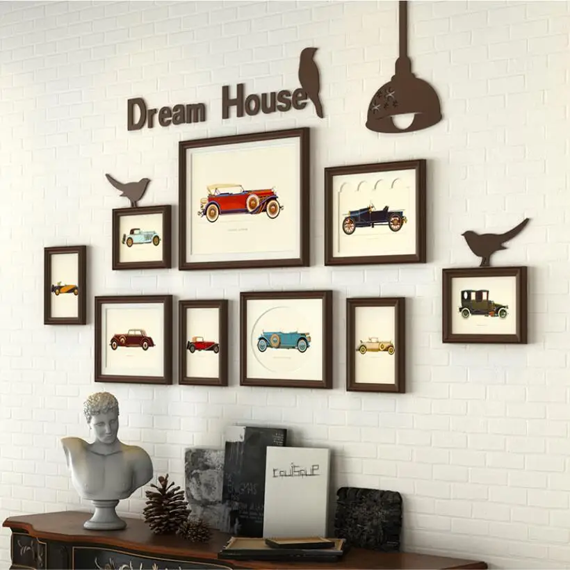 

9 pcs/set Vintage Europe Family Photo Frames Set with Wall Sticker,Photo Frame Black Wooden Frame,Picture Frames for Paintings