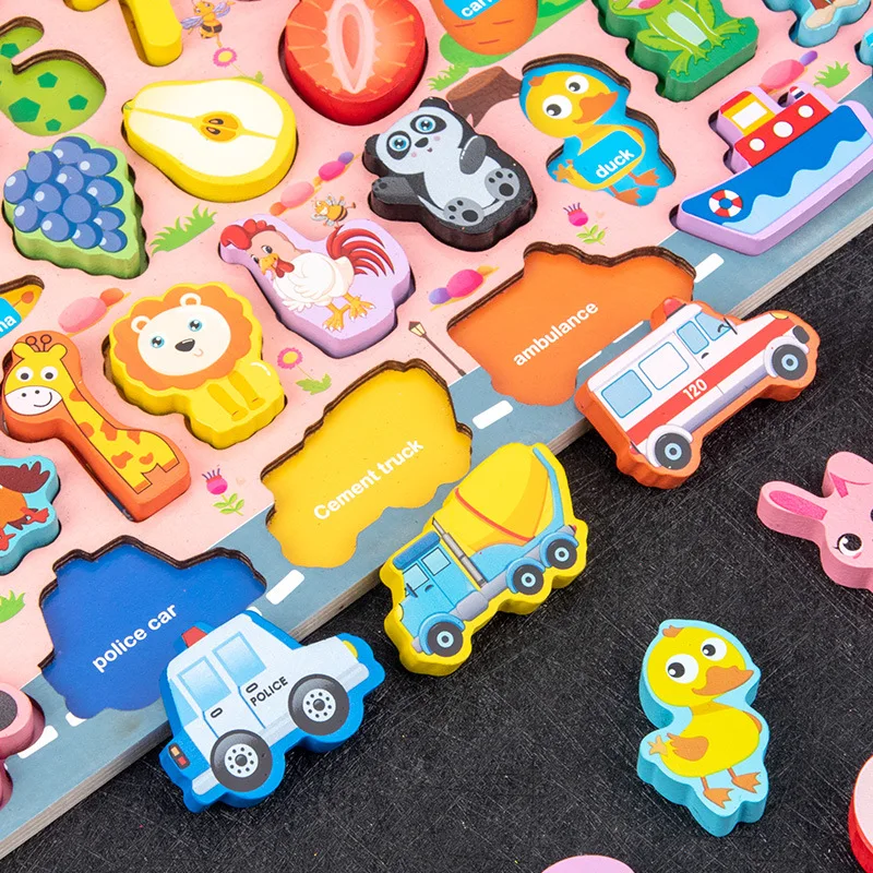 Wooden Montessori Toys Fruit Digital Alphabet Animal Traffic Figure Matching Puzzle Preschool Busy Board Educational Kids Toys