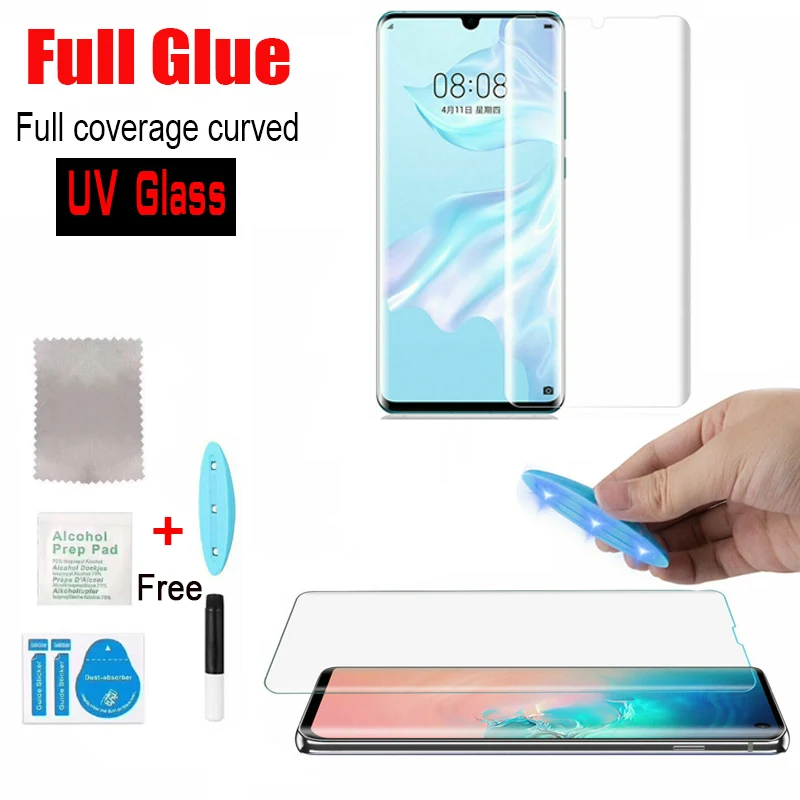

New 20D Clear Curved UV Liquid Full Glue Coverage Tempered Glass For Huawei P30 Mate 20 Lite Pro Phone Screen Protector film