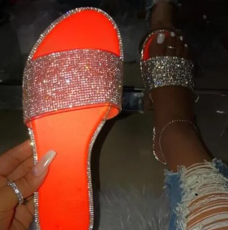 Весенне-летние сандалии женские сандалии г. Новая обувь на плоской подошве со стразами уличные пляжные тапочки на резиновой подошве, Нескользящие шлепанцы - Цвет: orange