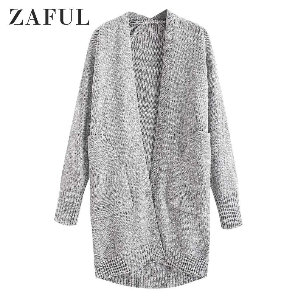 ZAFUL однотонный кардиган с открытым передом карманами для женщин без воротника
