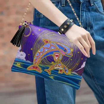 

New Design Diy Hand Paint Animal Dolphin Purple Leather Bag Hand Made Craft For Friends Family Diy Diamond Painting Craft QB33