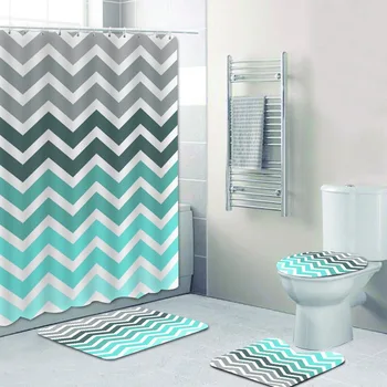 

Teal Grey Aqua Blue Chevron Pattern Shower Curtain Bathroom Curtains Set Geometric Bath Mat Rug Carpet for Toilet Zigzag Decor