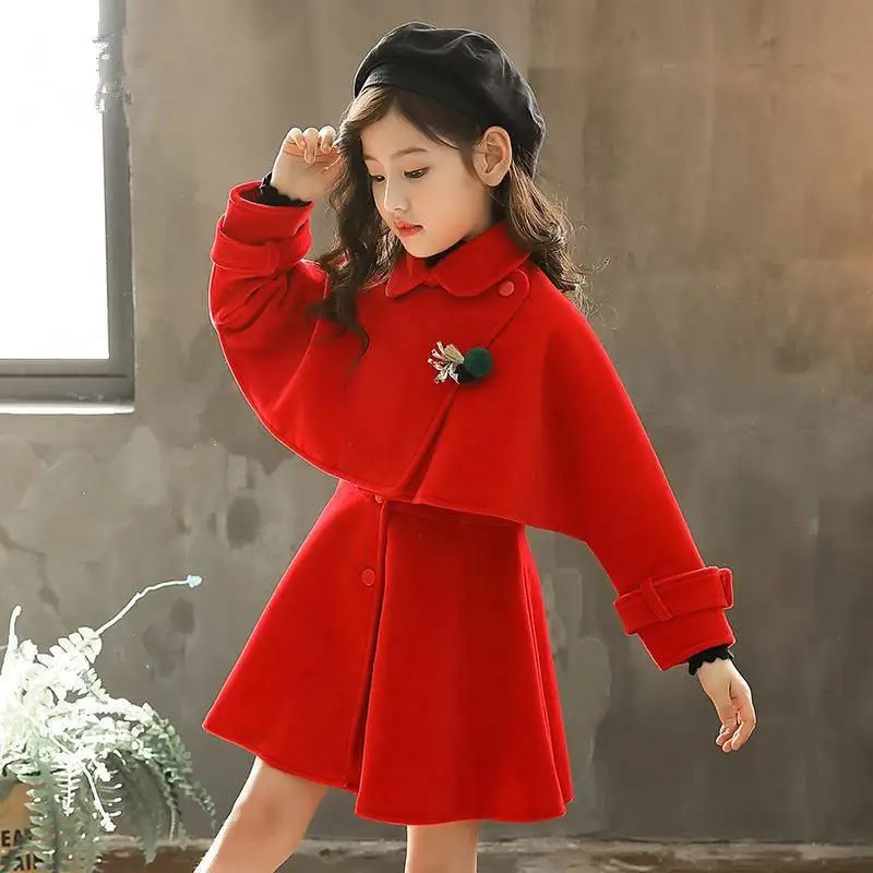 Коллекция года, новые зимние хлопковые комплекты для девочек детское шерстяное пальто с длинными рукавами для девочек+ платье с оборками костюмы из 2 предметов одежда для подростков, W158 - Цвет: Красный