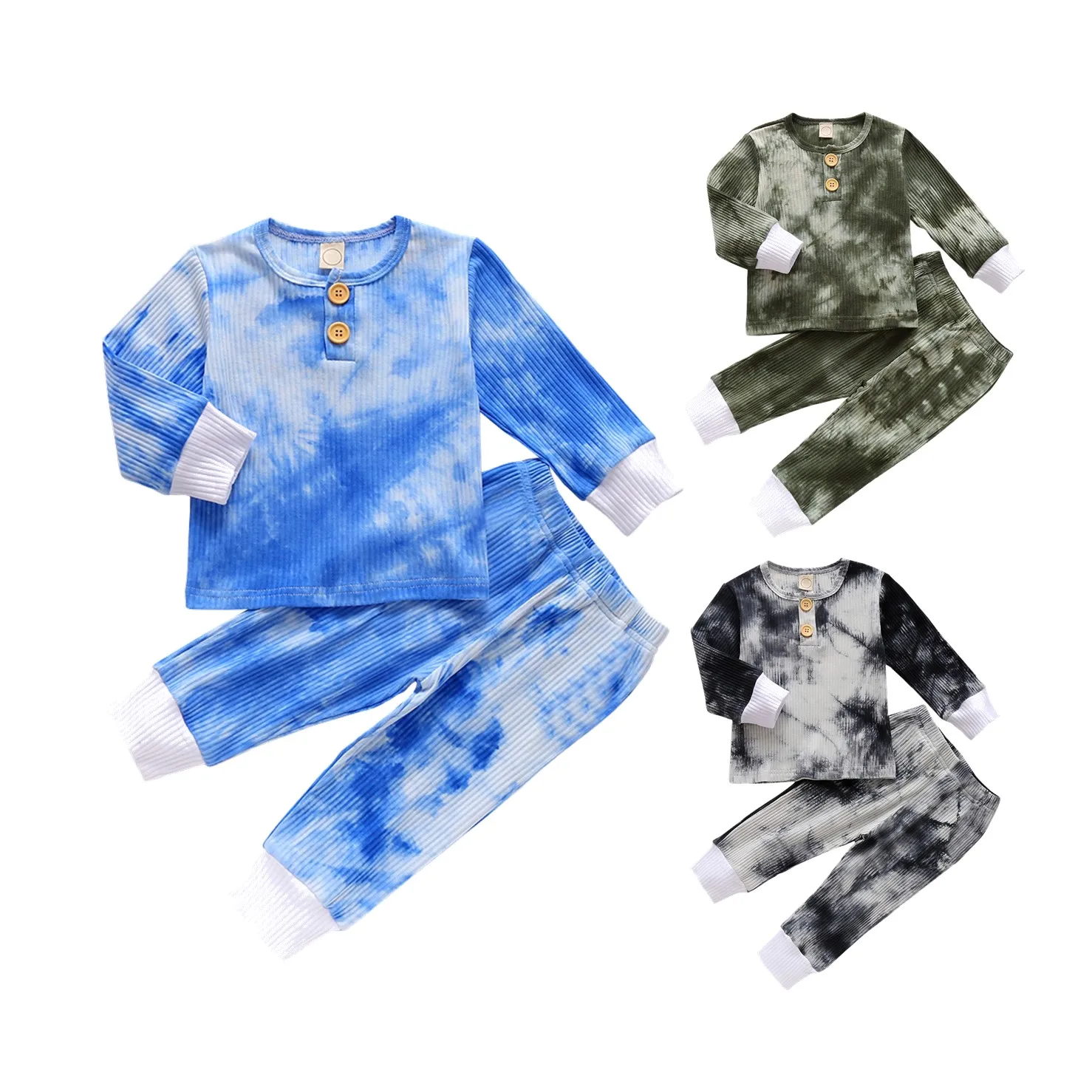 Emmababy 2020 Infant Baby Boys Girls Autumn 2Pcs Set Tie-dye Print Button Decoration Black/Blue/Army Green Long Sleeve Top+Pants | Детская