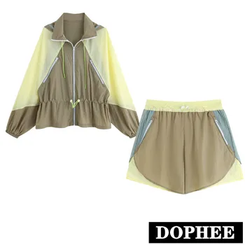 

Fashion Shorts Suit Waist Color Matching Nylon Hooded Short Jacket + Color Matching Elastic Waist Casual Shorts Two-piece Suit