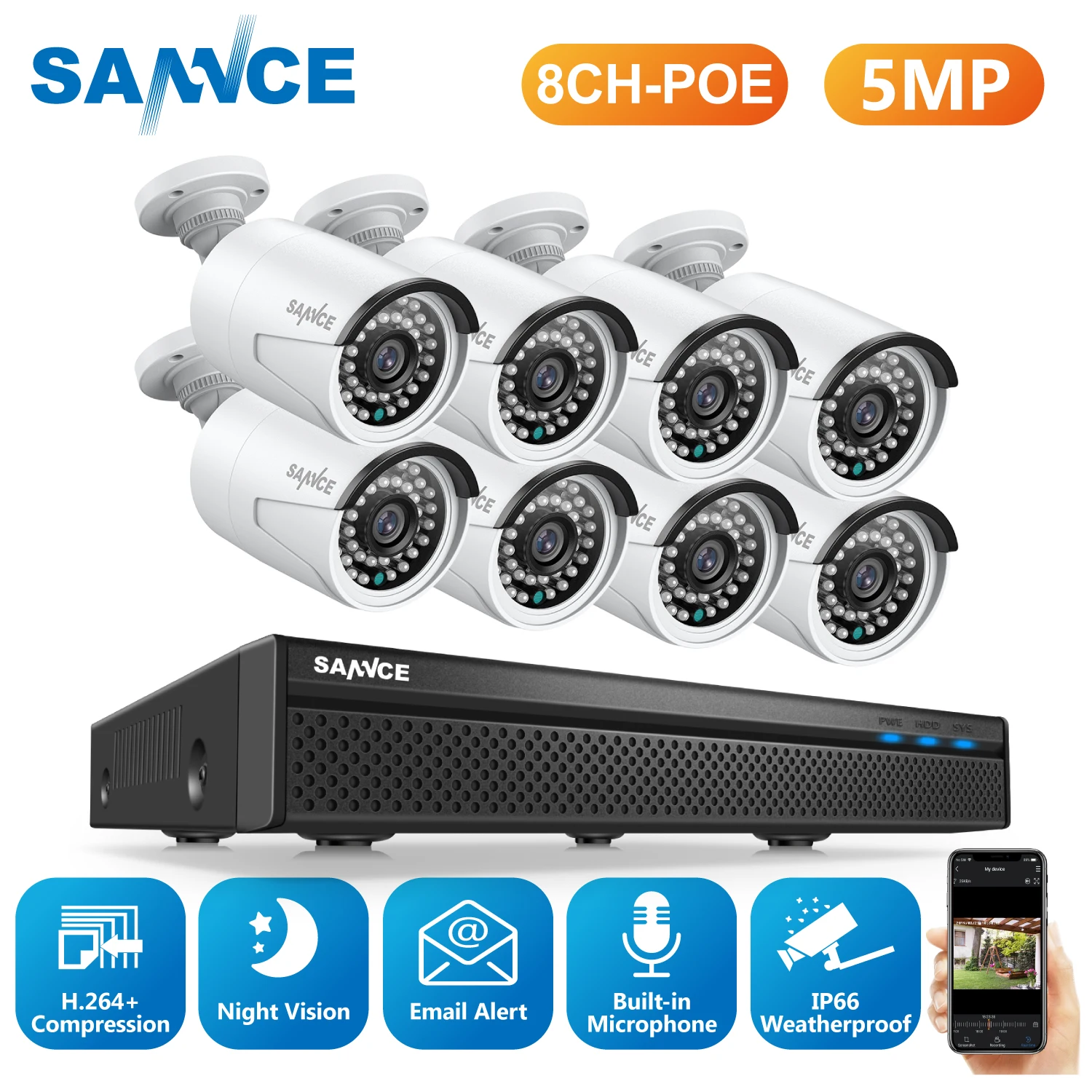 

SANNCE 8CH 5MP FHD POE Video Surveillance System H.264+ 5MP NVR With 4X 6X 8X 5MP Outdoor Weatherproof Audio Record IP Cameras