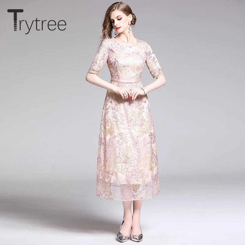

Trytree 2019 Summer Dress women Casual Embroidery Floral O-Neck Polyester A-line Mid-Calf Zipper Office Lady Half sleeve Dress