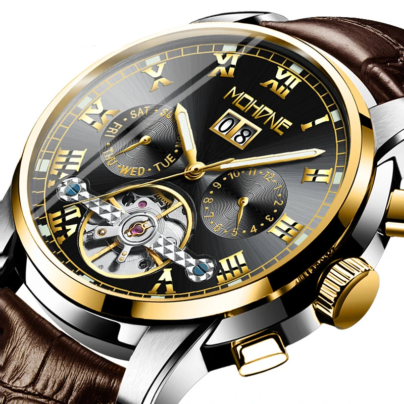 

Luxury Men Tourbillon Automatic Mechanical Watch Luminous Hands Leather Strap Self-wind Clock