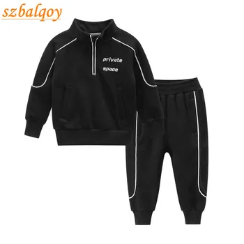 

kids boy Outfit Long sleeve trousers spring The New Stand collar child Sportswear Two-piece Simple Leisure black letter