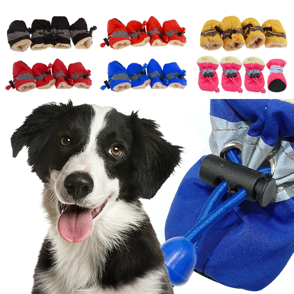 

4pcs Winter Warm Dog Shoes Waterproof Rain Snow Boots Anti-slip Pet Footwear Thickened Dog Booties Pet Paw Protector
