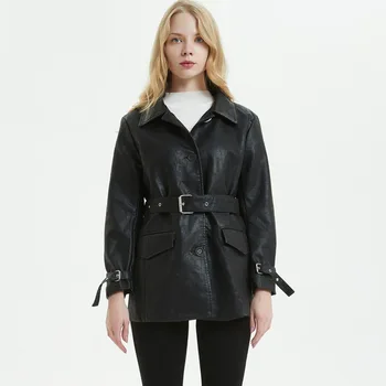 

LANMREM 2020 Autumn New Lapel Bandage PU Leather Jacket Women's Streetwear Loose Single Breasted Casual Coat Female Tide PF733