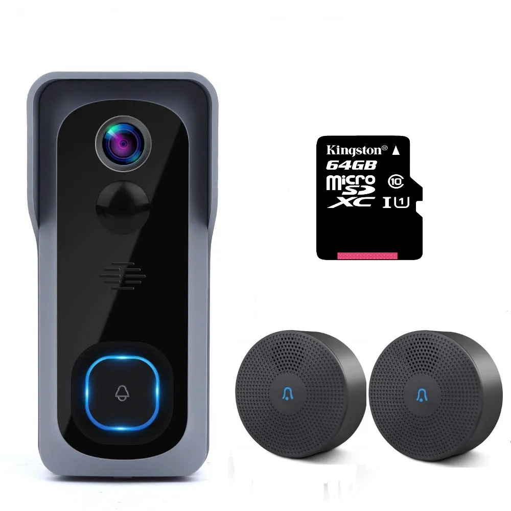 Onvian WiFi дверной звонок Камера Водонепроницаемый 1080P HD видео дверной звонок детектор движения умный беспроводной дверной звонок с камерой ночного видения - Цвет: 2 Chime 64GB Card