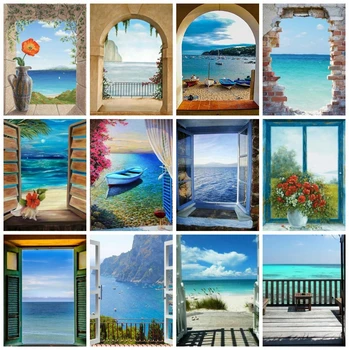 

HUACAN Diamond Painting Seaside Full Square Cross Stitch Kits 5D Diamond Embroidery Landscape Mosaic Door Needlework Home Decor