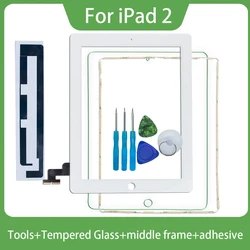 Écran tactile pour iPad 2 A1395 A1396 A1397, panneau en verre avec cadre central + outils + verre trempé + adhésif 