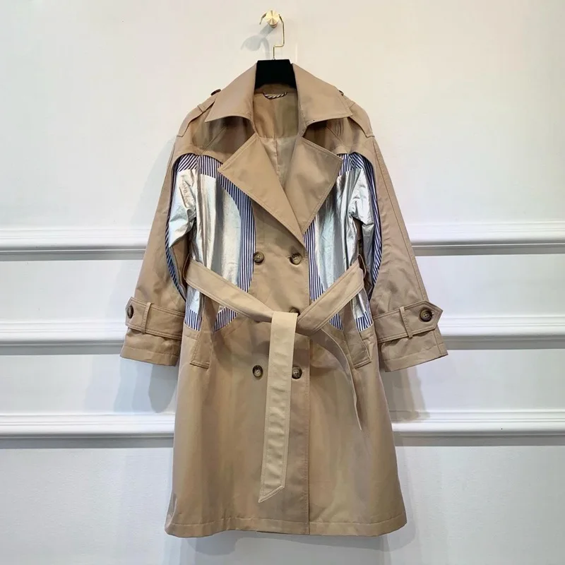 

H72020 Year Suit-dress Lapel Hit Color Stripe Both Row Buckle Long Fund Windbreaker Loose Coat British Style Stitching ZF155