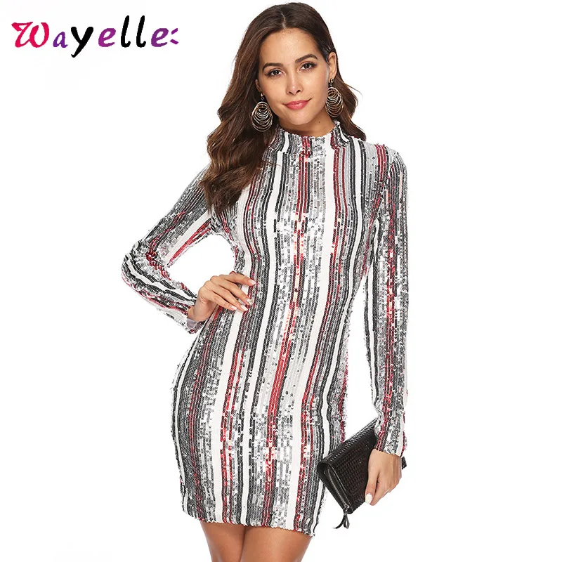 

Sequined Dress Women Long Sleeve Geometric Collar Party Bodycon Dress 2019 Autumn Stand Sexy Elegant Dresses Woman Party Night