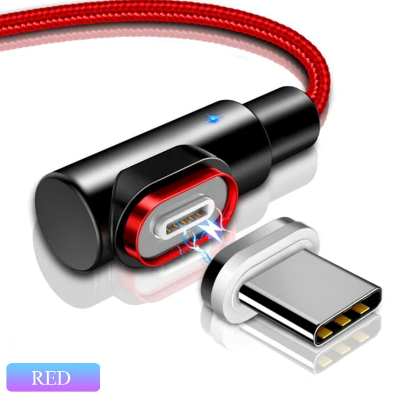 Магнитный usb type-C кабель 90 градусов 3 А шнур для быстрой зарядки и передачи данных для samsung S9 huawei Xiaomi USBC Магнитный светодиодный светильник для зарядки - Цвет: Red For Type C