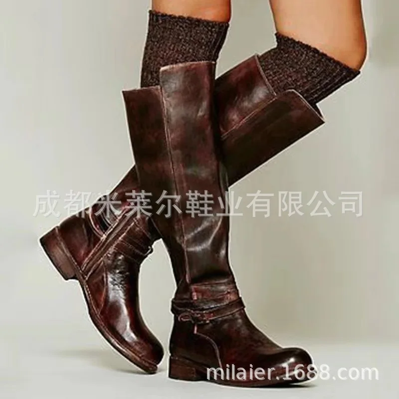 

New Style Women's round-Toe Faux Pu Europe And America WOMEN'S Leather Boots Side Zipper Biker Boots Thick Warm Low Heel WOMEN'S