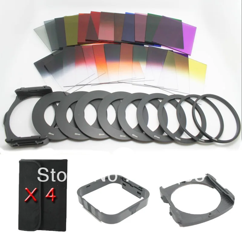 

40 в 1 Набор фильтров ND2 4 8, 24 квадратных цветных фильтра + 4 чехла + 9 кольцевой адаптер + 2 держателя + квадратная бленда для объектива Cokin P