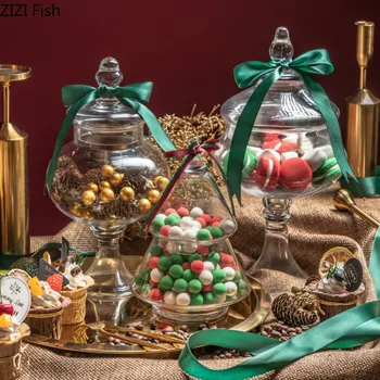 

European Transparent Glass Storage Tank with Lid Household Glass Candy Jar Decorative Wedding Banquet Decorative Candy Bottle