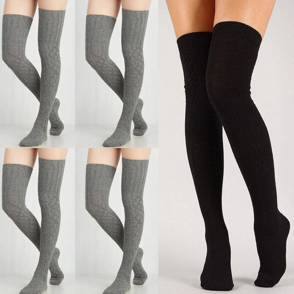 Calcetines por encima de la rodilla para mujer, medias sexys cálidas, de punto, hasta el color gris, caqui, azul y negro|Medias| - AliExpress