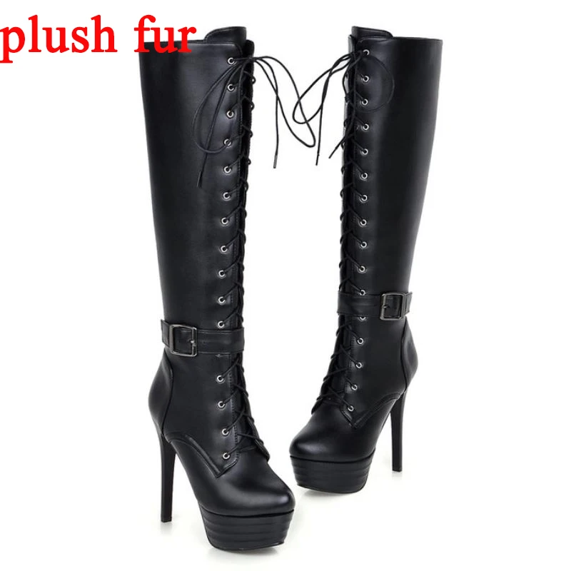 Haoshen&Girl PU Leather Shoes Women Knee High Lace up Boots 13cm High Heels Platform Stiletto Heel Sexy Booties Plus Size 3-11.5 - Цвет: Black Fur