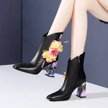 

new brand genuine cow leather shoes woman ankle boots autumn winter warm shoes sexy high heels zipper black red dress short boot