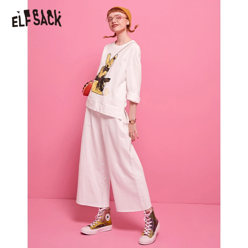 ELFSACK Carton Print T Shirt And Wide Leg Pants Women Casual Two Piece Set Autumn Streetwear Female 2 Piece Outfits