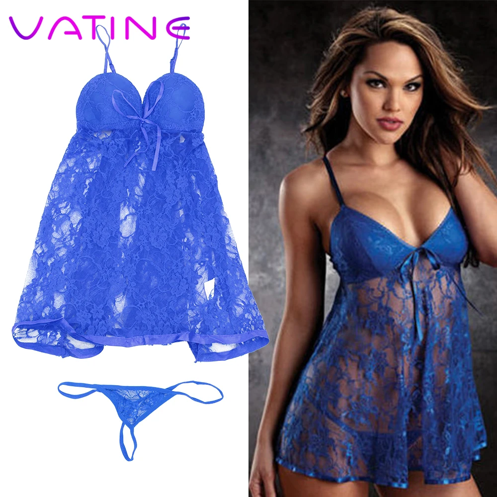 VATINE Plus Size Sexy Pajamas Suit Women's Dress+G-string Lace Babydolls&Chemises Exotic Apparel Erotic Lingerie