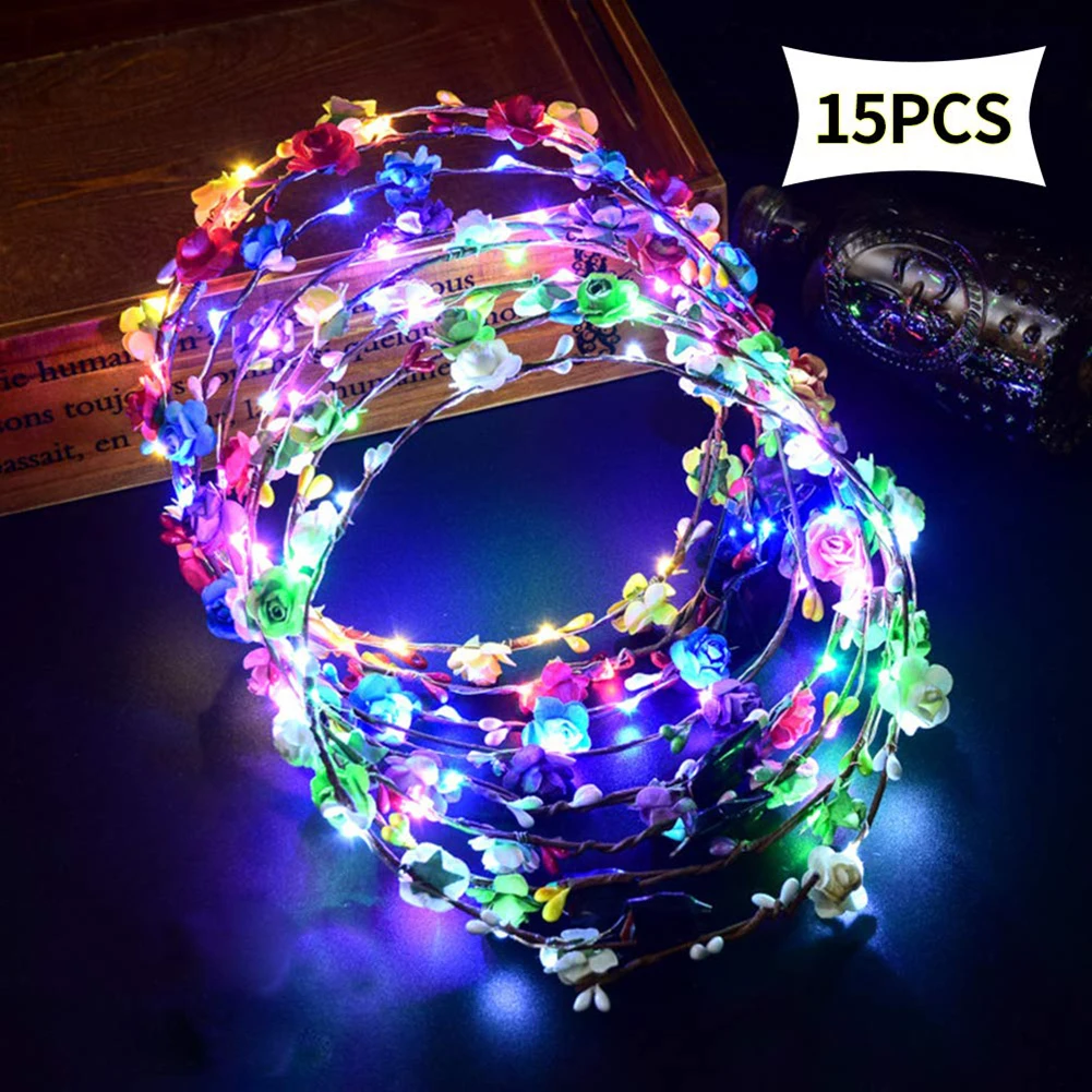 

15pcs Glowing Garland Wedding Party Crown Flower Headband LED Light Christmas Neon Wreath Decor Luminous Hair Garlands Hairband