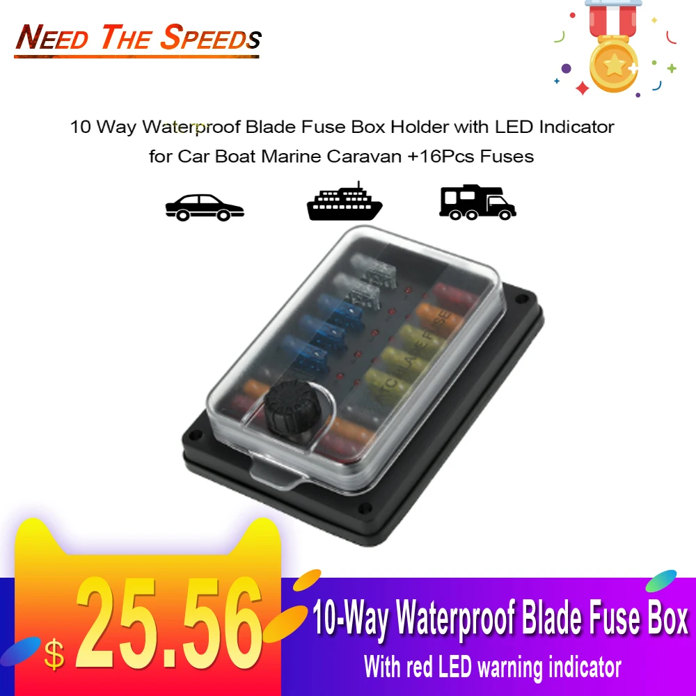 10 Way Waterproof Blade Fuse Box Holder with LED Indicator for Car Boat Marine Caravan +16Pcs Fuses | Автомобили и мотоциклы