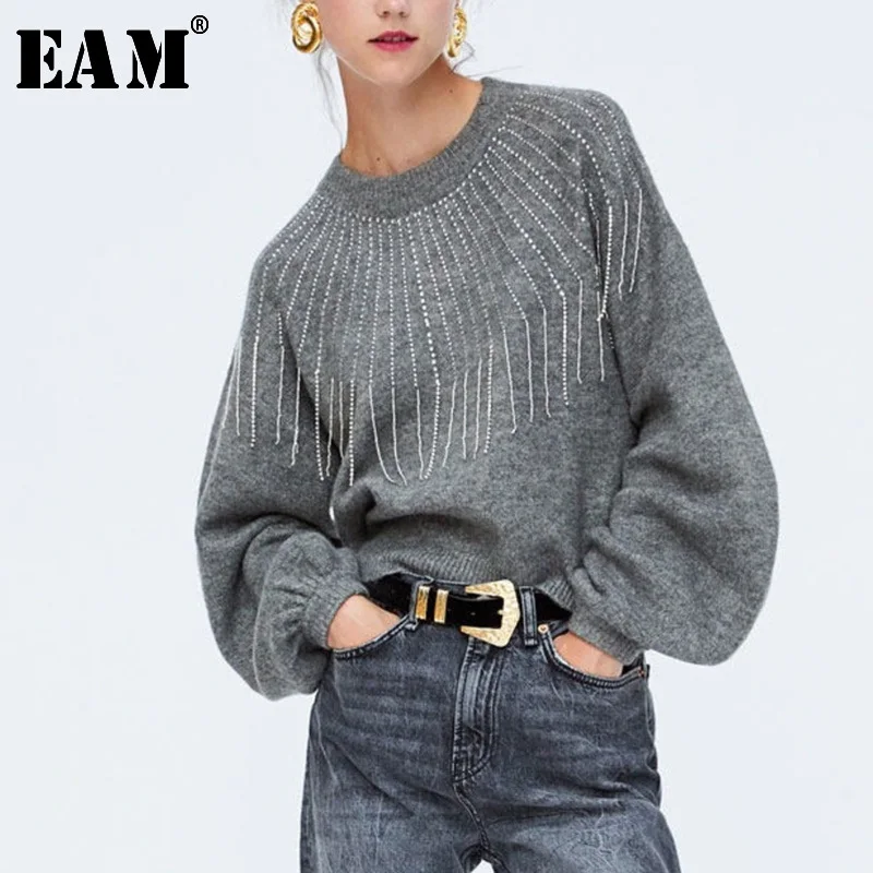 

[EAM] Gray Nailed Tassels Knitting puffover Loose Fit Round Neck Long Lantern Sleeve Women New Fashion Autumn Winter 2019 OA936