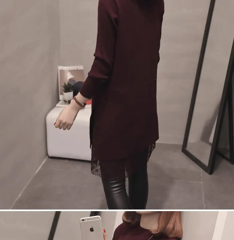 Fashion lace pleated dress top autumn new dress women's long sleeve straight cute split dress