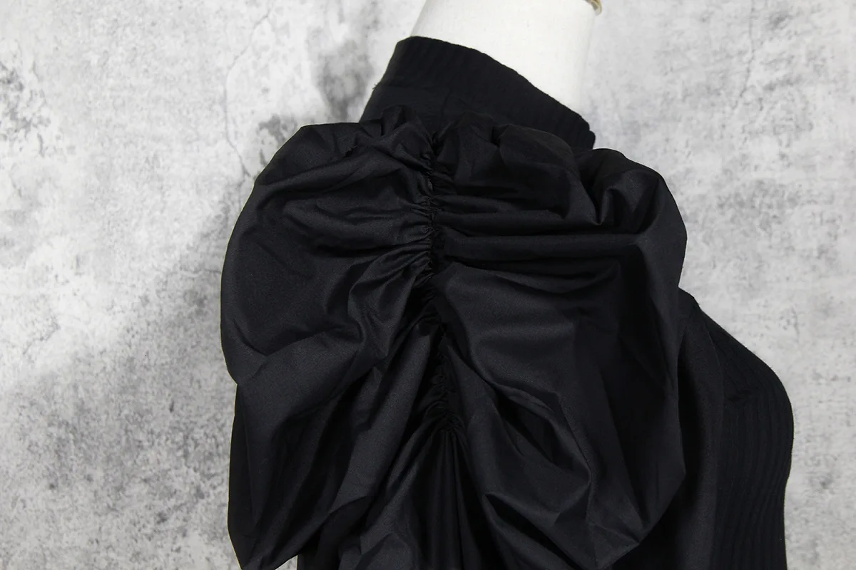 SeeBeautiful New Fashion Autumn Winter Stand Neck Long Puff Sleeve Pleated Stitching Knitting Blouse Shirt Women N897