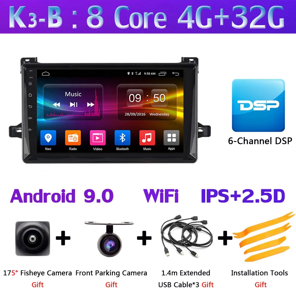 360°Panoramic Android 9.0 8Core 4G+64G Car Multimedia Player GPS Navigation Radio SPDIF DSP CarPlay for Toyota Prius - Цвет: K3-B
