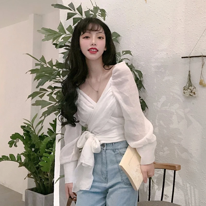 korean fashion clothing Shirts v neck bow criss patchwork womens tops and  blouses casual style 2020 hot Women's Clothing|Blouses & Shirts| -  AliExpress