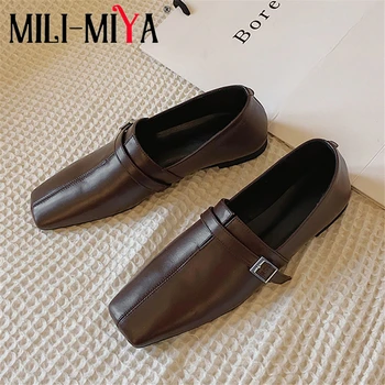 

MILI-MIYA Casual Design Women Full Genuine Flats Square Toe Slip-On Solid Color Buckle Strap Comfortable Flat Heels Size 34-40