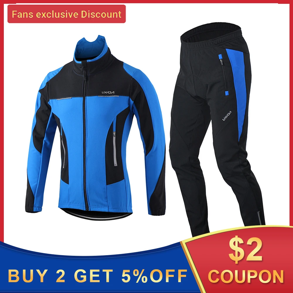 Lixada Men Winter Cycling Clothing Set Windproof Long Sleeve Cycling Jersey Coat Jacket with 3D Padded Pants Trousers