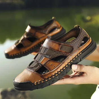 

2020 New Men Sandals Genuine Leather Summer Beach Breathable Sandals Outdoor Causal Shoes Fashion Comfortable Footwear Big Size