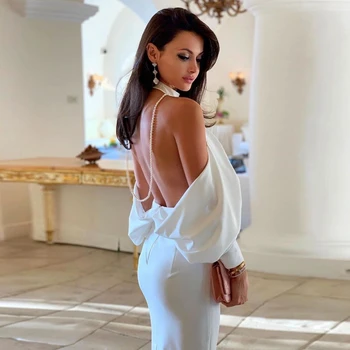 

2019 New Fashion Sexy Summer White Black Long Sleeve Off The Shoulder Beads Chain Big Backless Women Celebrity Party Club Dress